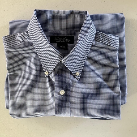 Brooks Brothers, Mens L, button-down collar, dress shirt, Navy/white/small print - Picture 1 of 4